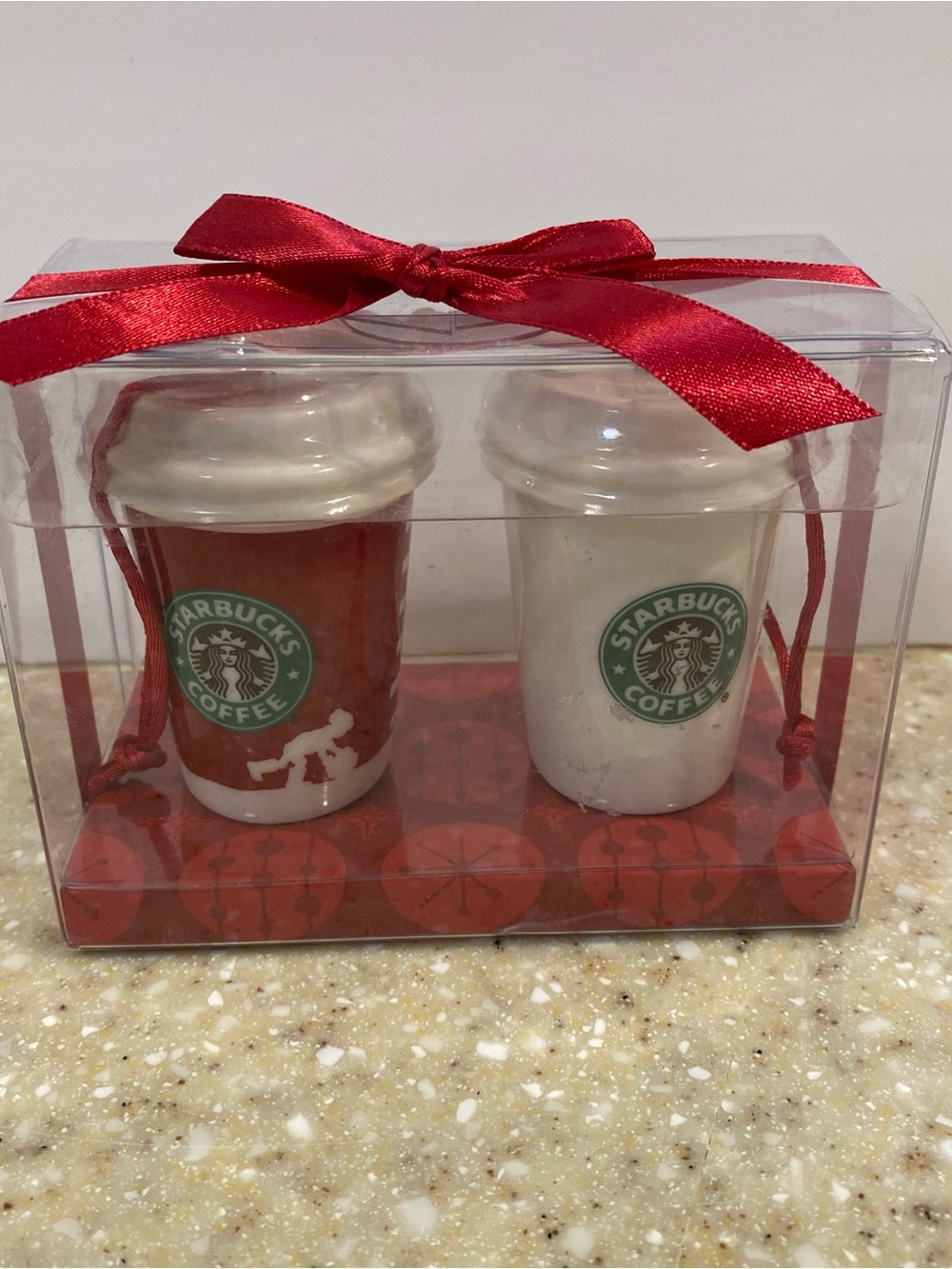 Starbucks Plastic Mini Travel Cup Ornaments - Red & White with Green Logo
